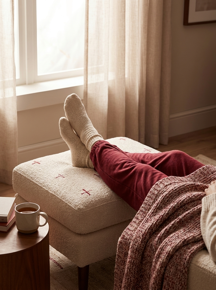Legs in red pants and cozy socks resting on an ottoman by a sunlit window.