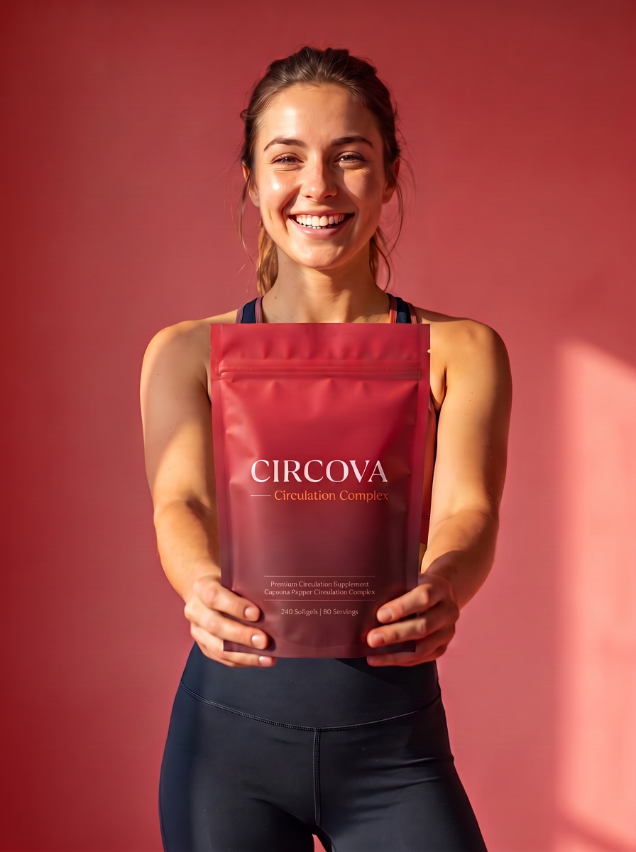 Smiling woman holding a Circova Circulation Complex supplement pouch