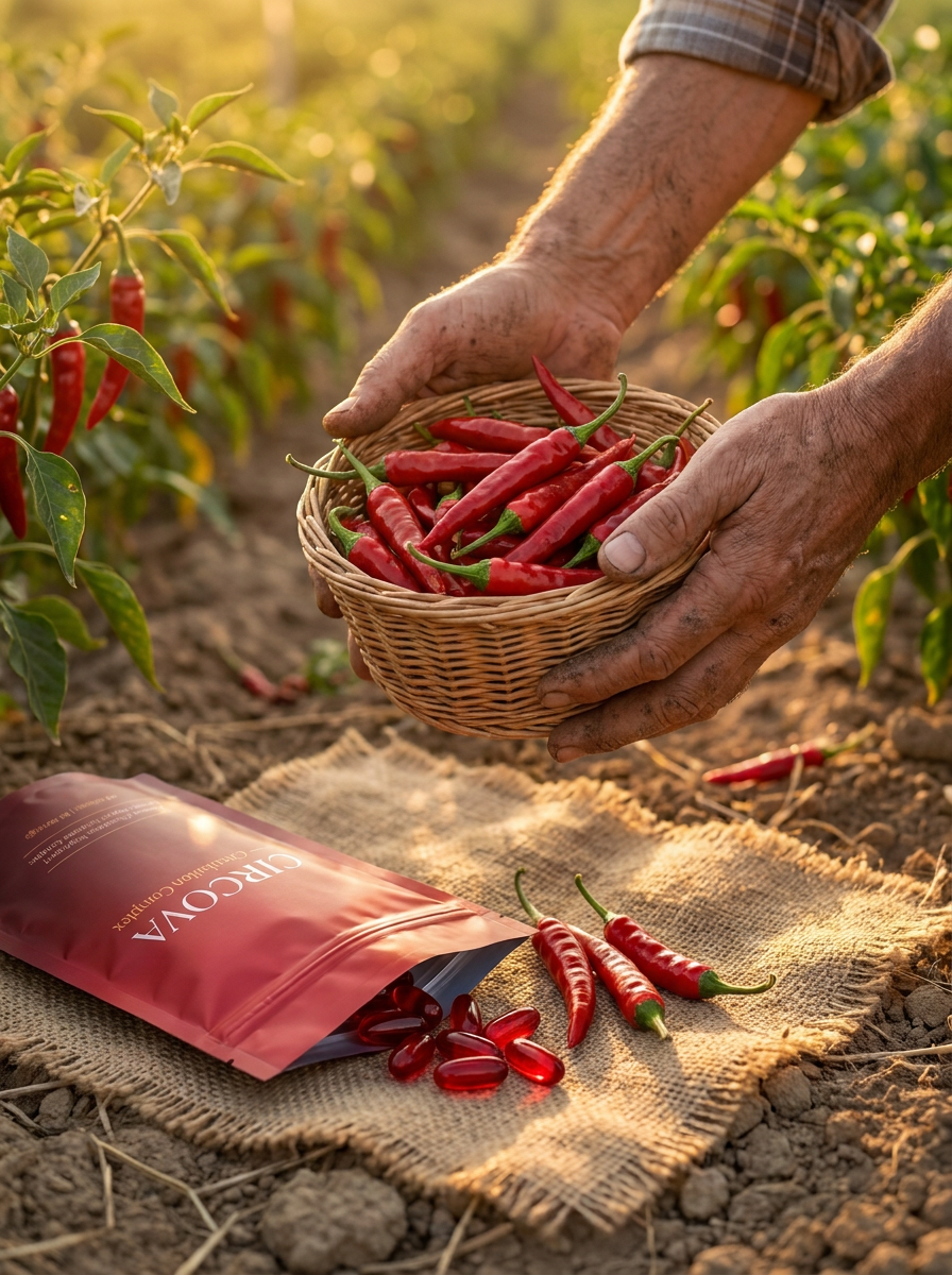 Hands holding a basket of freshly harvested red cayenne peppers in a sunlit field next to a Circova pouch