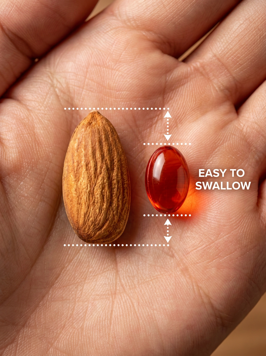 Circova softgel capsule next to an almond showing easy-to-swallow size