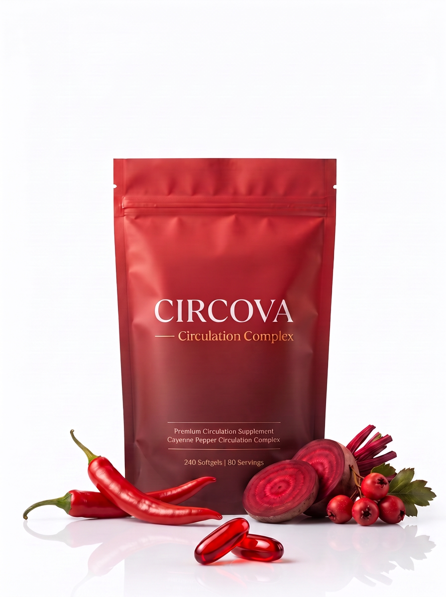 Circova pouch with capsules and ingredients on white background
