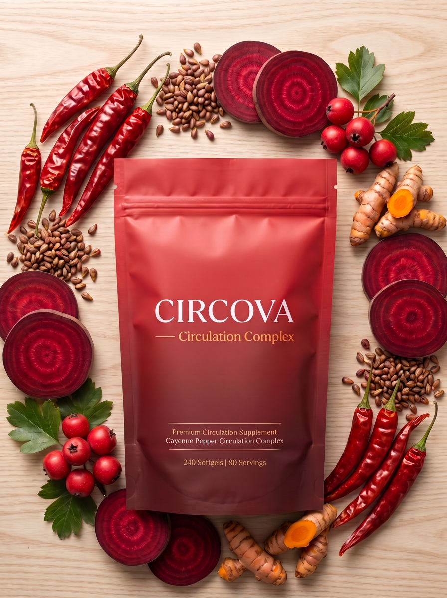 Flat-lay of Circova pouch surrounded by cayenne, beetroot, turmeric, hawthorn, and grape seeds